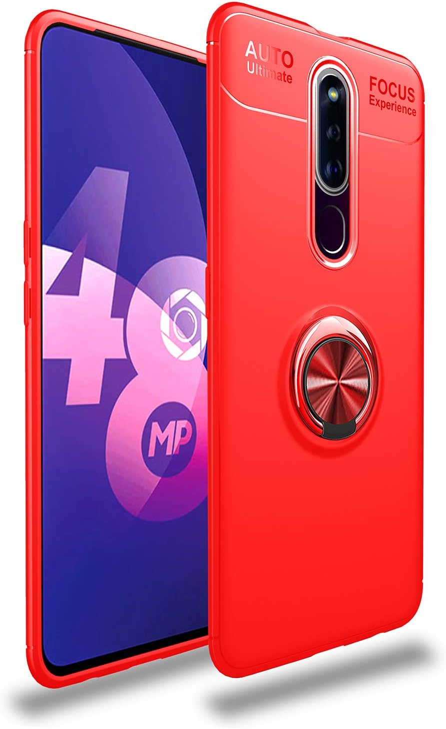 XunEda OPPO F11 Pro Case, Case with Ring Kickstand [Support Magnetic Car Mount] Protective Cover Skin + Screen Protector for OPPO F11 Pro Smartphone (Red)