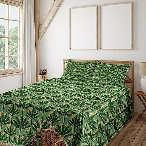 Ambesonne Banana Leaf Sheet Set, Overlapping Windmill Palm Trees and Leaves Pattern, Fitted and Flat Sheet with Pillowcases Bedding Accent 4 Piece Set, Calking, Pale Yellow Jade Green
