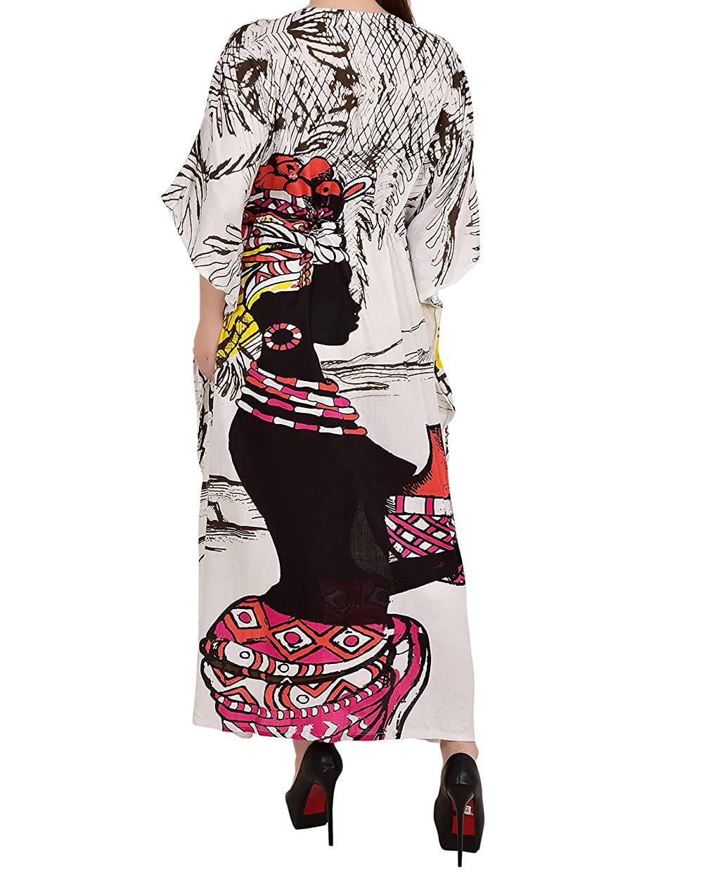 Ukal Caftan en coton pour femme - Impression numérique - Caftan - Robe longue - Longueur cheville - Sarong - Blanc - Taille unique
