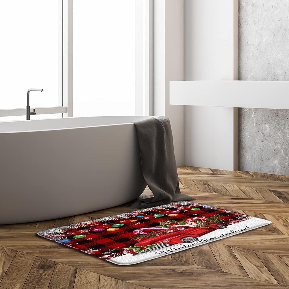 Merry Christmas Bath Mat Retro Trunk Snowflake Black Red Buffalo Plaid Xmas Ball Pine Leaf Snow Winter Holiday Non-Slip Flannel Bath Rug Shower Floor Carpet 16x48 Inch
