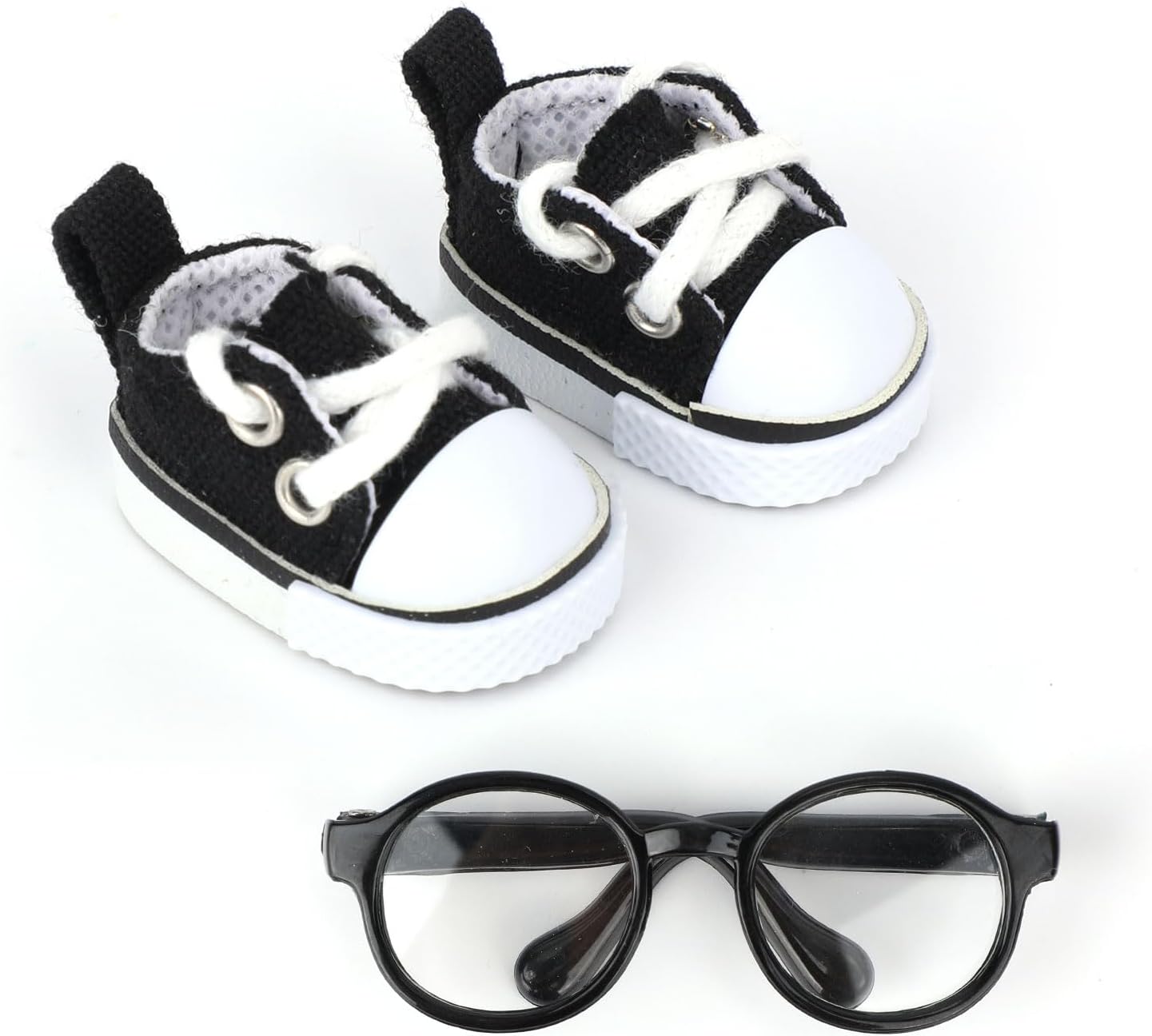 Mikovivi 2pcs 17cm Doll Shoes & Glasses, Fashion Mini Lace-Up Canvas Casual Sneakers & Eyeglasses Cute Doll Outfit Accessories (Black)