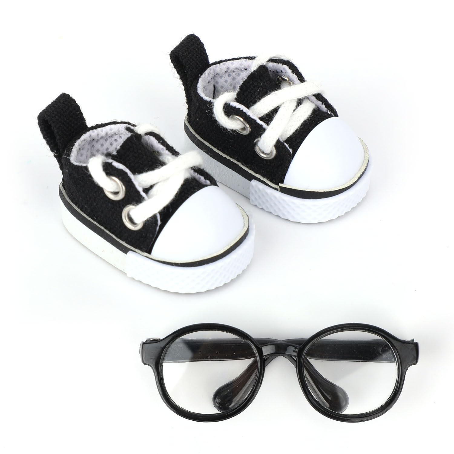 Mikovivi 2pcs 17cm Doll Shoes & Glasses, Fashion Mini Lace-Up Canvas Casual Sneakers & Eyeglasses Cute Doll Outfit Accessories (Black)