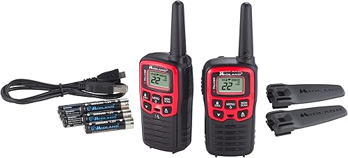 Midland T31VP - Walkie Talkie FRS de 22 canales, radio bidireccional de hasta 26 millas, color rojonegro (paquete de 6)