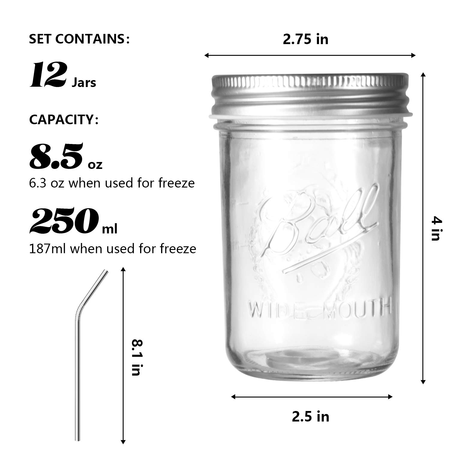 12x Sungwoo Einmachgläser 237 Ml – Mit Schraubdeckel & Strohhalm-Deckel, Für Marmelade, Snacks, DIY