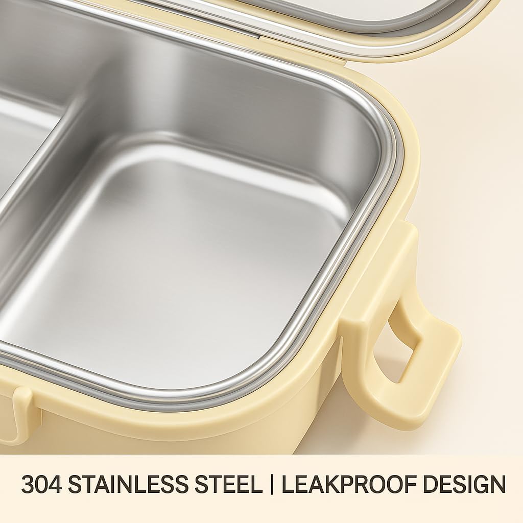 304 Stainless Steel Lunch Box for Work & Travel, 3-Compartment Leakproof Food Container, Healthy Eating & Portion Control, Safe for Home Use, Portion Control for Healthy Eating (Off-white 4 grids)