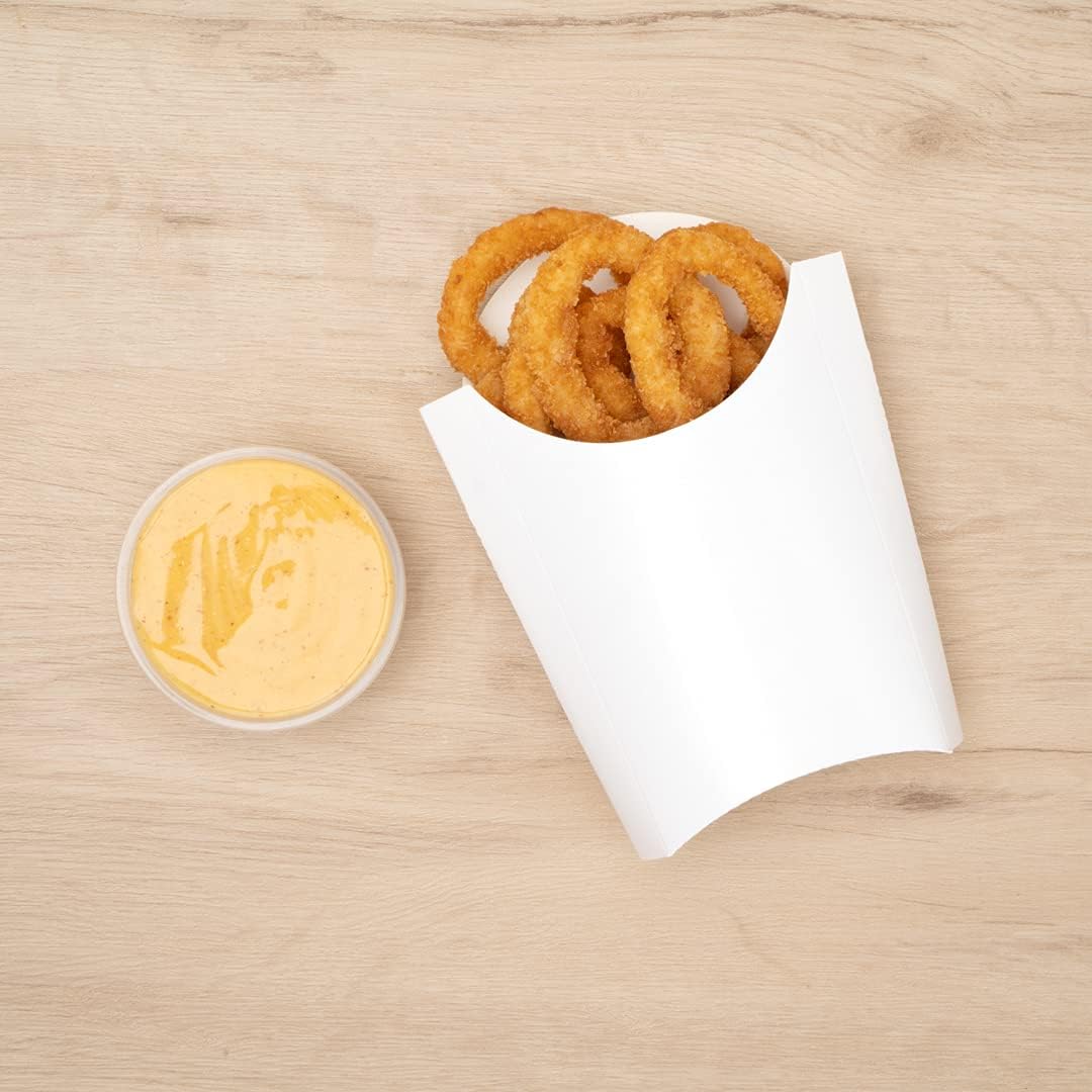 Restaurantware Bio Tek 4.7 x 3.5 x 5.1 Inch French Fry Cup 100 Disposable Snack Cups - Stackable Sustainable White Paper 4 Ounce Fry Holder For Fries Onion Rings Popcorn or Cookies
