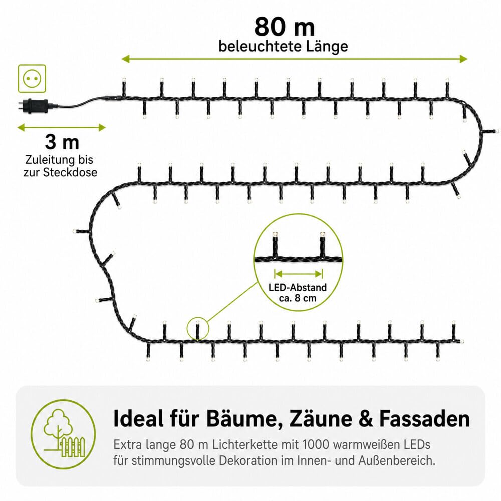 LED Universum Lichterkette Außen 80 m, 1000 LEDs warmweiß 2800 K, IP44 spritzwassergeschützt, mit Stecker 230 V, 3 m Zuleitung, für Garten, Balkon & innen