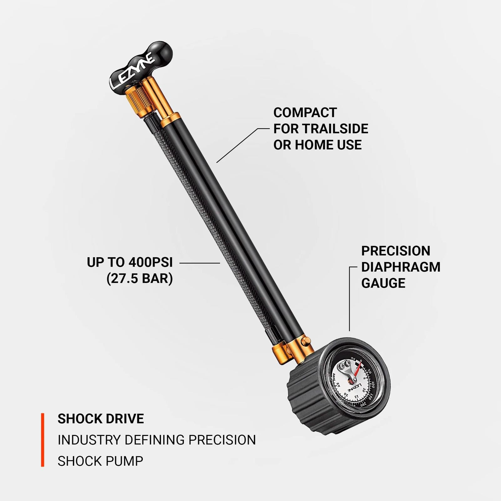LEZYNE Shock Drive Pompe à main pour vélo, haute pression 400 psi, portable, pompe à vélo de montagne et de route