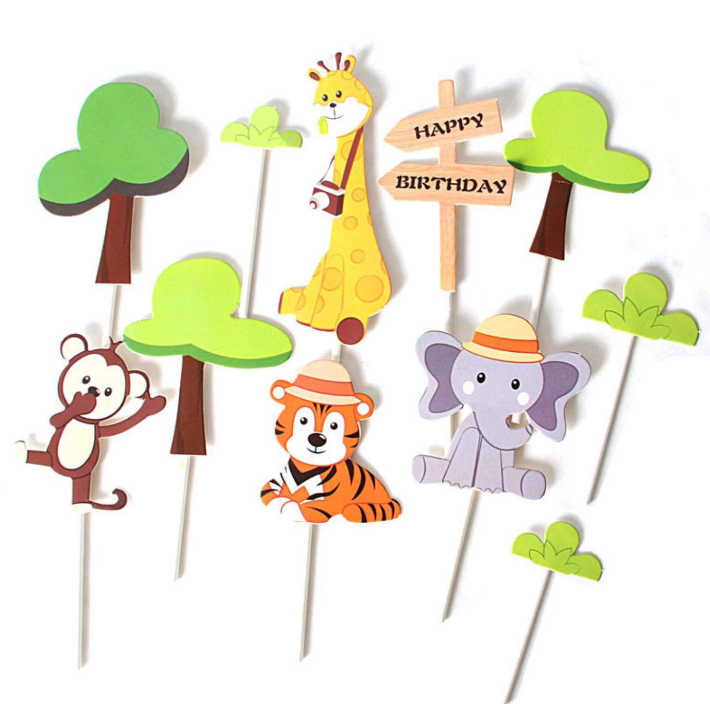 Maydolbone 11 Pcs Jungle Animal Happy Birthday Cake Toppers Elephant Giraffe Tiger Monkey Cake Decorations Animals Party Baby Showers Birthday Party