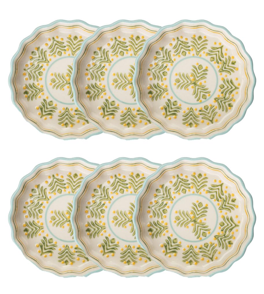 Tranquillo Juego de 6 moldes para tarteletteform de gres con estampado estampado a mano, color verde/amarillo, diámetro 11 x 3 cm