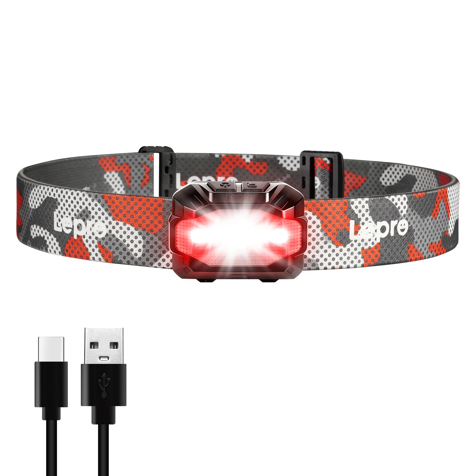 Lepro Dual Power Head Torch Rechargeable, LED Headlight with Type-C & AAA Batteries, 10 Modes with Red SOS Light, Lightweight for Kids Adults, IPX4 Waterproof Head Lamp for Camping, Running, Cycling