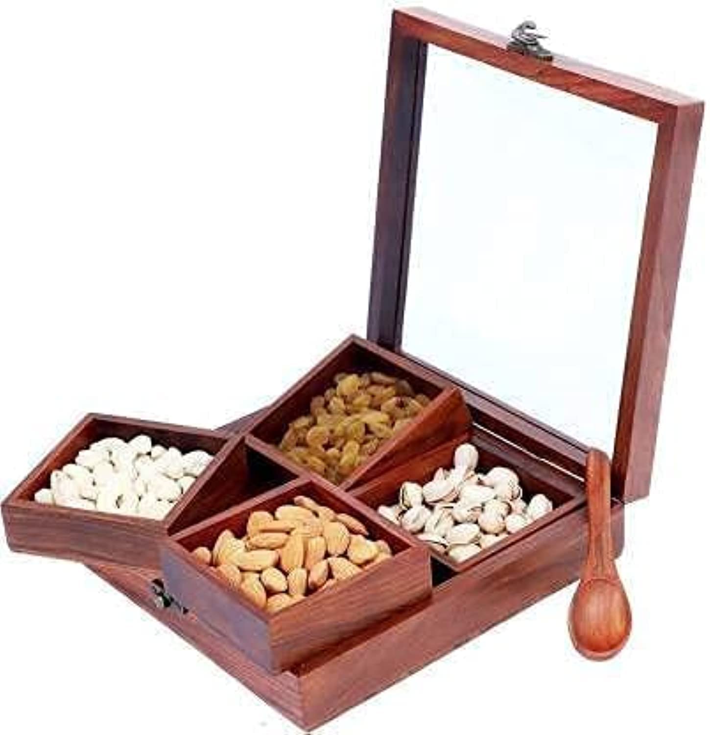 Acewood Dry Fruit serving box with Spoon, spice box, nuts box, dry fruit tray, Dry Fruit gift box, Dry Fruit Containers, masala dabba/masala dani/masala box/nut container(20x20x6cm)