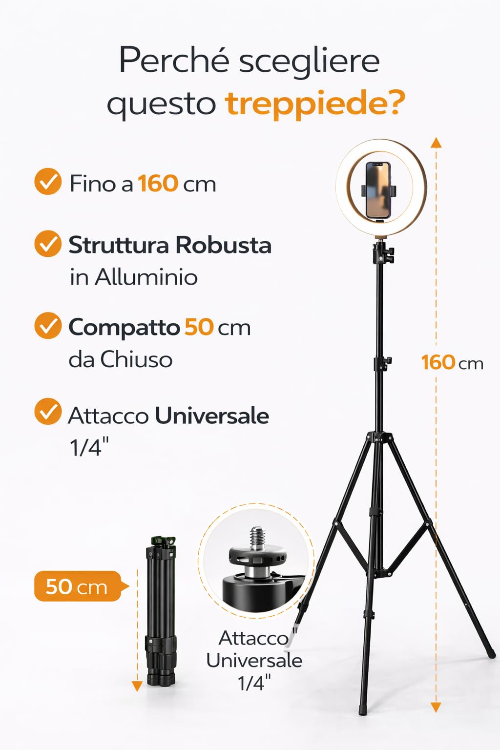 Treppiede per Ring Light 160 cm, Supporto Regolabile in Alluminio con Attacco Universale 1/4", Compatto 50 cm, per Smartphone e Fotocamera