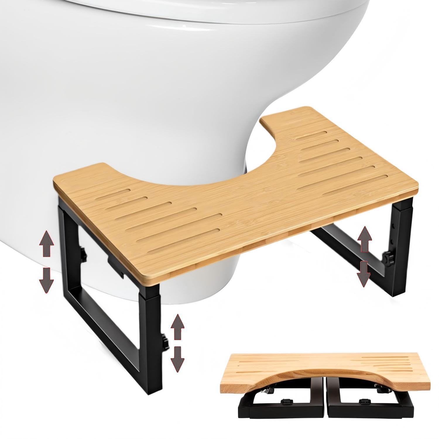 Taburete de inodoro, taburete de inodoro para adultos, taburete de inodoro regulable en altura, fabricado en metal y madera, taburete plegable, silla antideslizante, taburete para niños