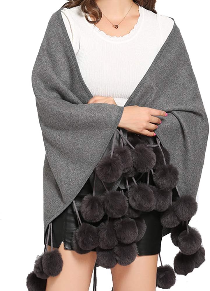 Helan Women's Fashion Style Faux Fur Ball Cape Coat Shawl Large Scarves Cloke