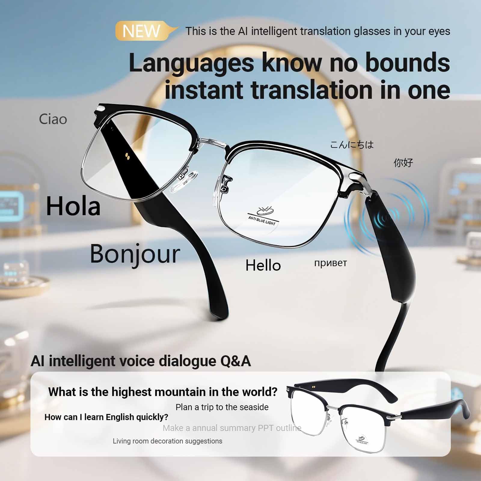 Gafas De Traducción Inteligente Con IA: Compatible Con Más De 100 Idiomas, Traducción Instantánea Bidireccional, Gafas De Traducción Con Protección Contra La Luz Azul Y Audio Panorámico De 360°.