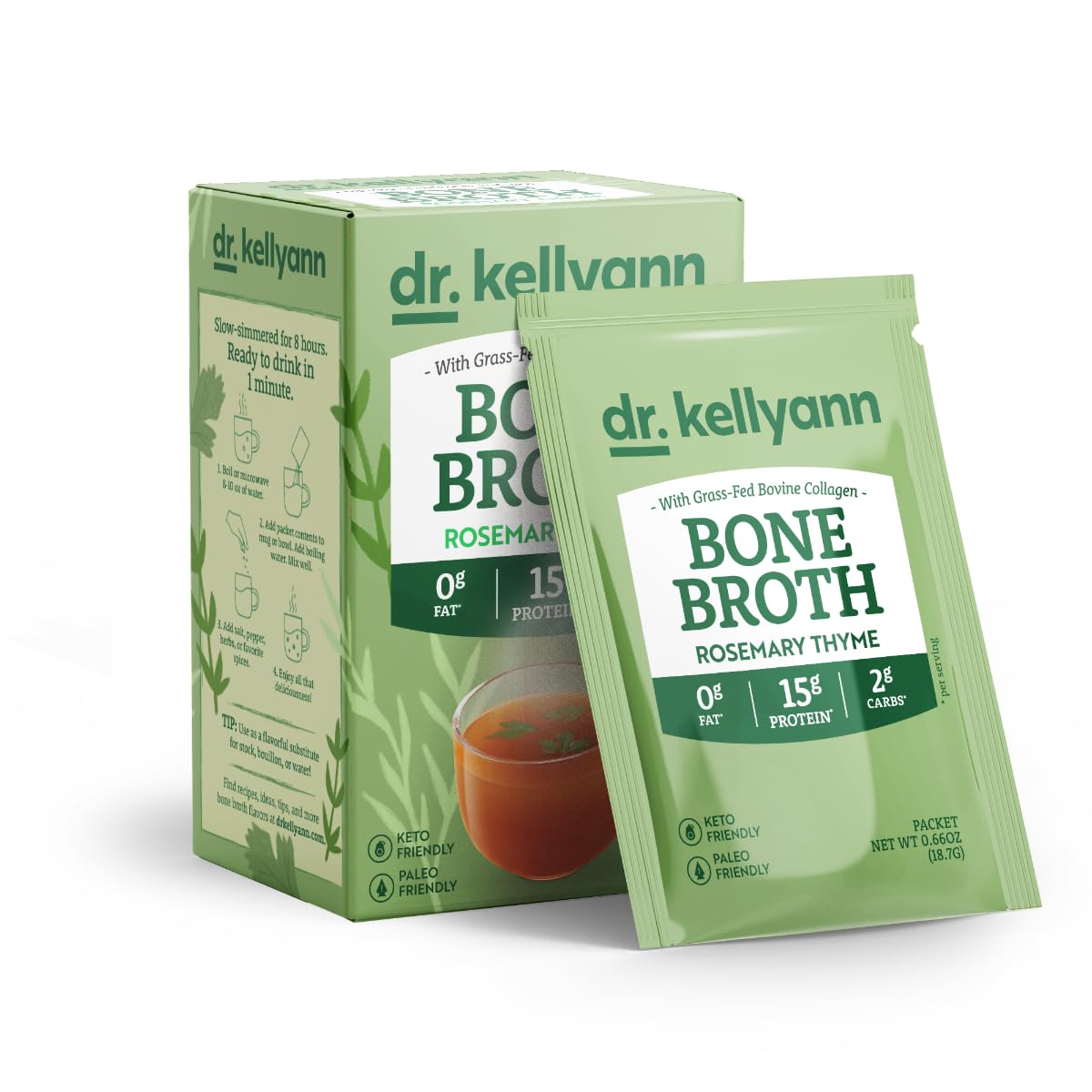 Dr. Kellyann Rosemary Thyme Bone Broth Packets (7 Servings) – 16g Protein, Grass-Fed Collagen, Keto & Paleo-Friendly, 1 Box