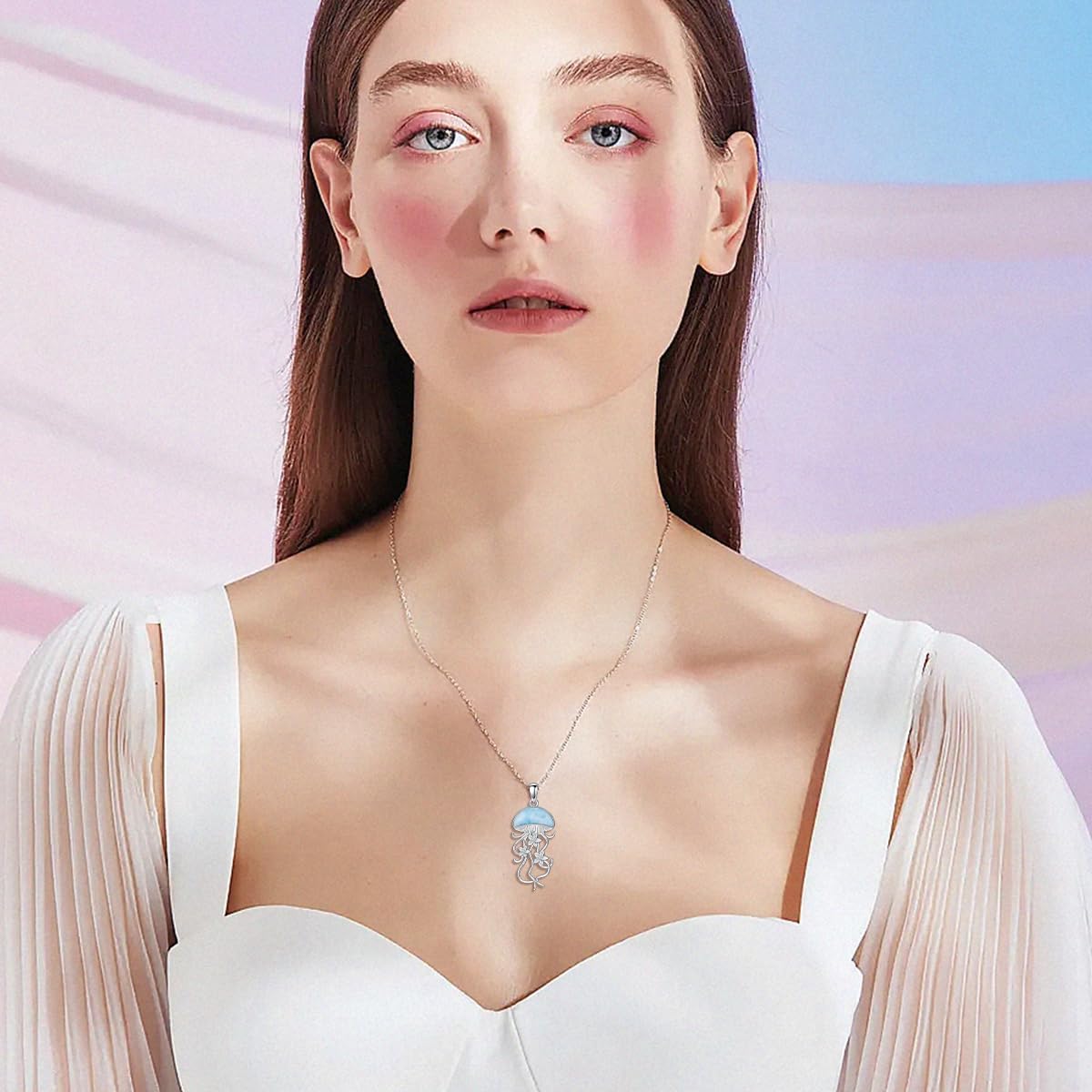 Natural Larimar Jellyfish Necklace for Women 925 Sterling Silver Jellyfish Pendant Ocean Jellyfish Necklaces Hawaiian Ocean Jewelry Gifts for Mom Wife