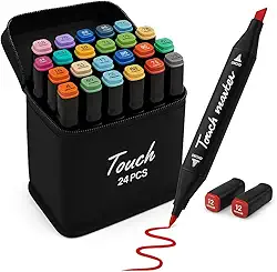 Kit Canetinhas/Marcadores Artísticos de Ponta Dupla – Canetas de Desenho, Pintura, Lettering, Ilustração, Sketchbook, Escola e Hobby com Estojo Organizador – 24 Cores