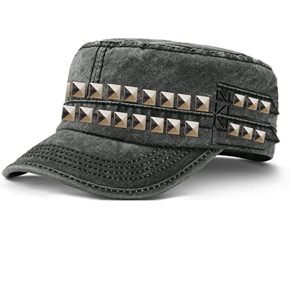 Cadet Army Cap Studded Everyday Military Style Hat Unique Wash Distressed Cotton Design, Grey Wash, One size
