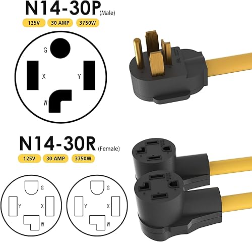 Miniatura 3 de Divisor de 30 amperios, secador de 4 puntas, divisor en Y, clavija L, NEMA 14-30P macho a 2 NEMA 14-30R hembra, 30 amperios, 250 voltios, 7500 W,