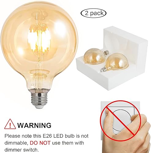 Miniatura 3 de BoostArea Bombillas LED equivalentes a 60 vatios, paquete de 2 bombillas LED G125 de 6 W, bombillas vintage antiguas ámbar, bombilla LED Edison E26,