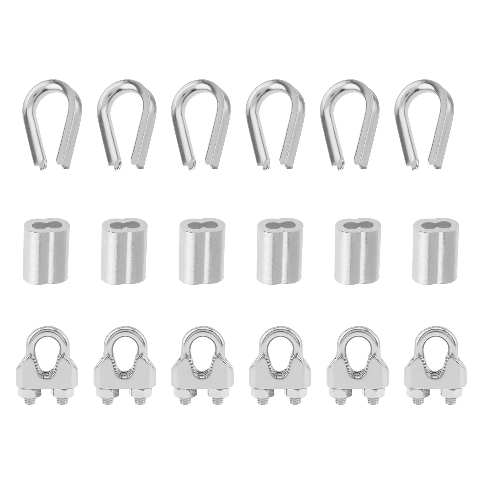 18 Pcs 3/16" Wire Rope Accessory Set, PNXKTXO 6pcs M5 Cable Clip Clamp, 6pcs Stainless Steel Thimbles, 6pcs Aluminum Crimping Loop Sleeve