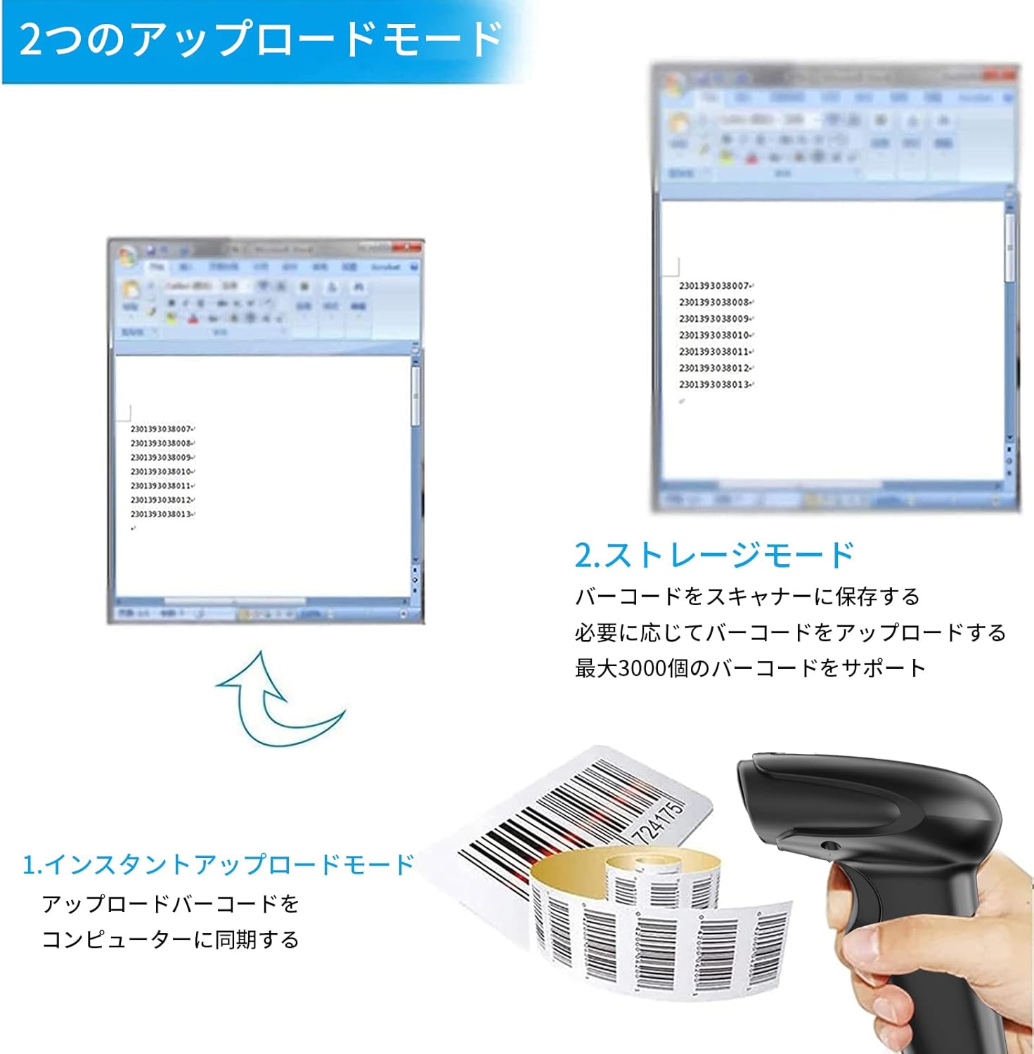 Diagram illustrating two upload modes: Instant Upload Mode where data synchronizes immediately, and Storage Mode where up to 3000 barcodes can be stored in the scanner and uploaded later.