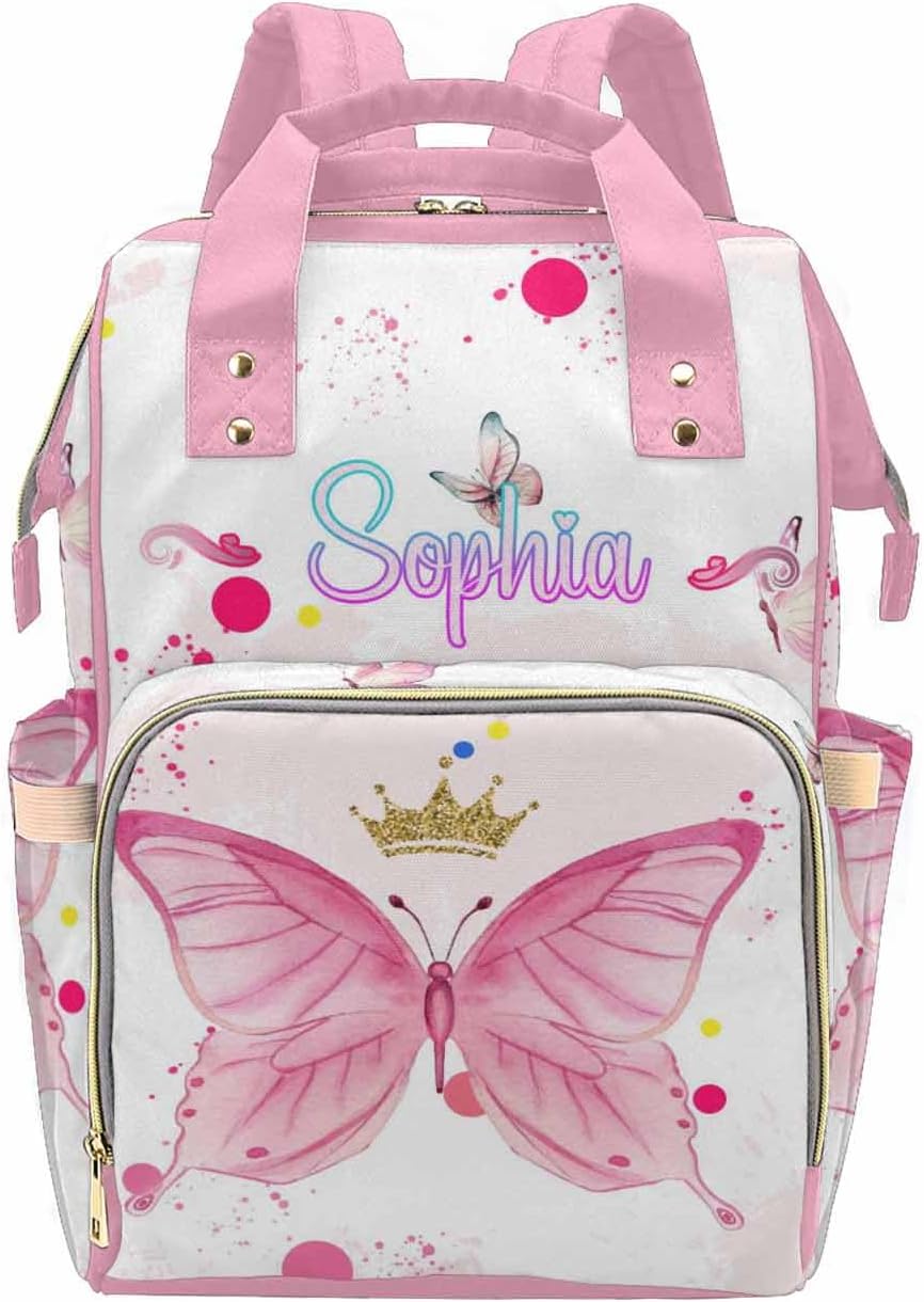 Newcos Personalized Diaper Bag Customized Blue Butterfly Black Waterproof Nursing Bags Custom Mommy Daypack with Name for Mother's Day Birthday Travel Outside Daily Use