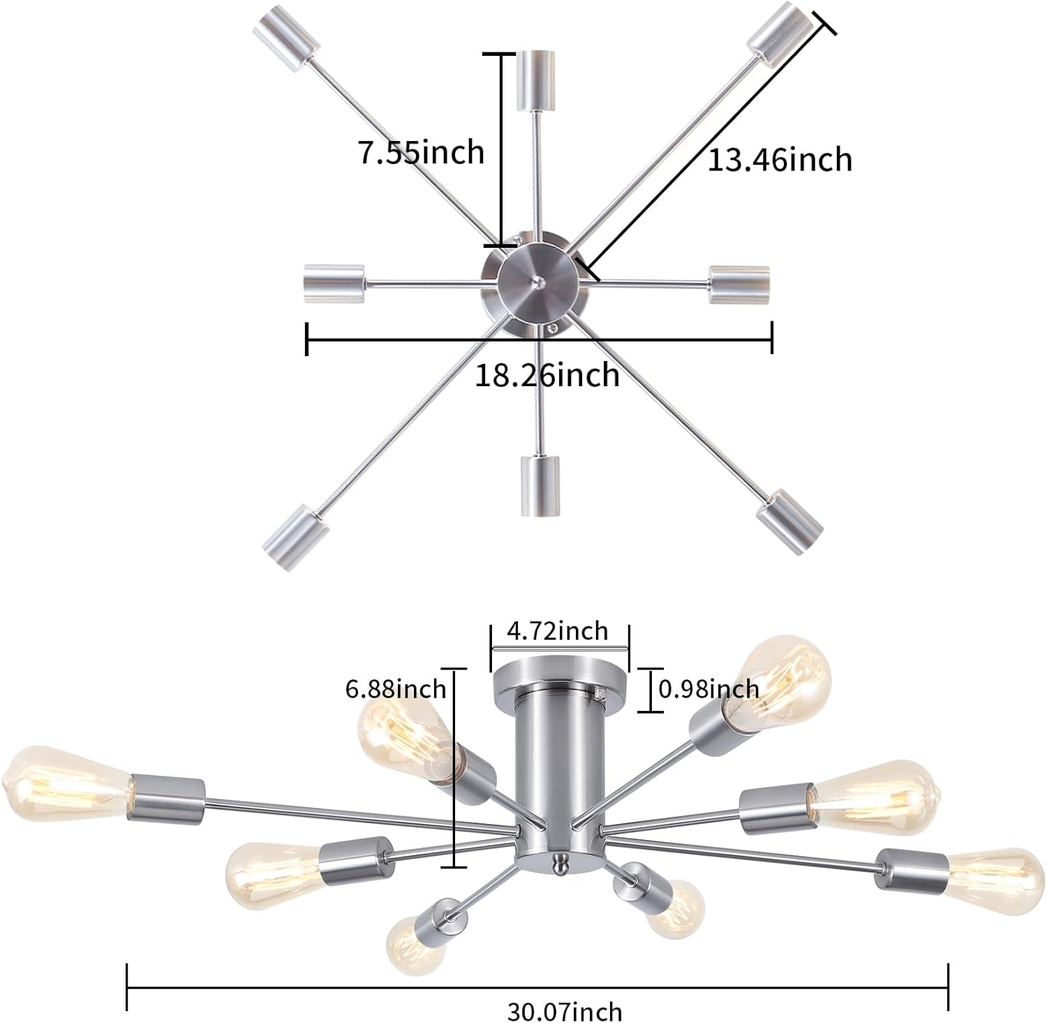 Nickel 8-Light Geometric Sputnik Semi Flush Mount Chandelier