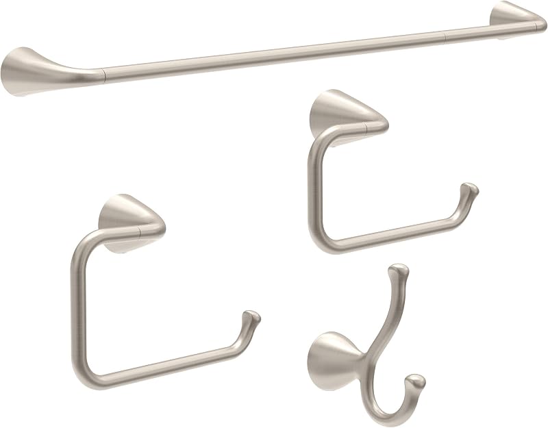 ARV64-DN Arvo 4-Piece Bath Hardware Set 18-in Towel Bar w/ 6-in Extender, Toilet Paper Holder, Towel Ring, Hook, Brushed Nickel