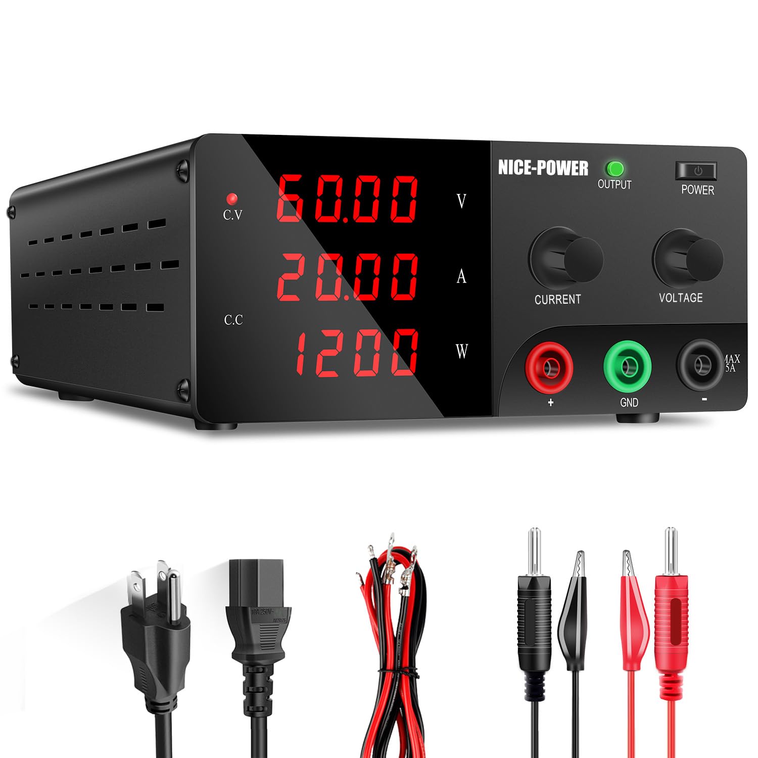 NICE-POWER DC Power Supply Variable, 0-60V 0-20A 1200W High Power Bench Power Supply with Encoder Knob &amp; Output Switch, Benchtop Adjustable Switching Regulated Power Supplies for Repair/Test(Black)