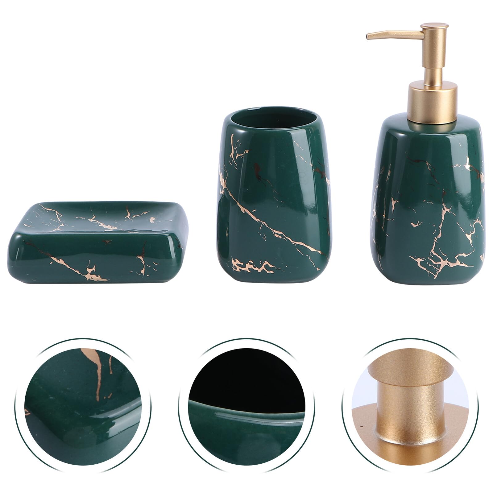 Angoily Set Accessori Bagno 3 Pezzi Dispenser Sapone e Portaspazzolino in Marmo Verde Smeraldo, Vassoio Portaoggetti Decorativo per Organizzazione e Igiene Quotidiana