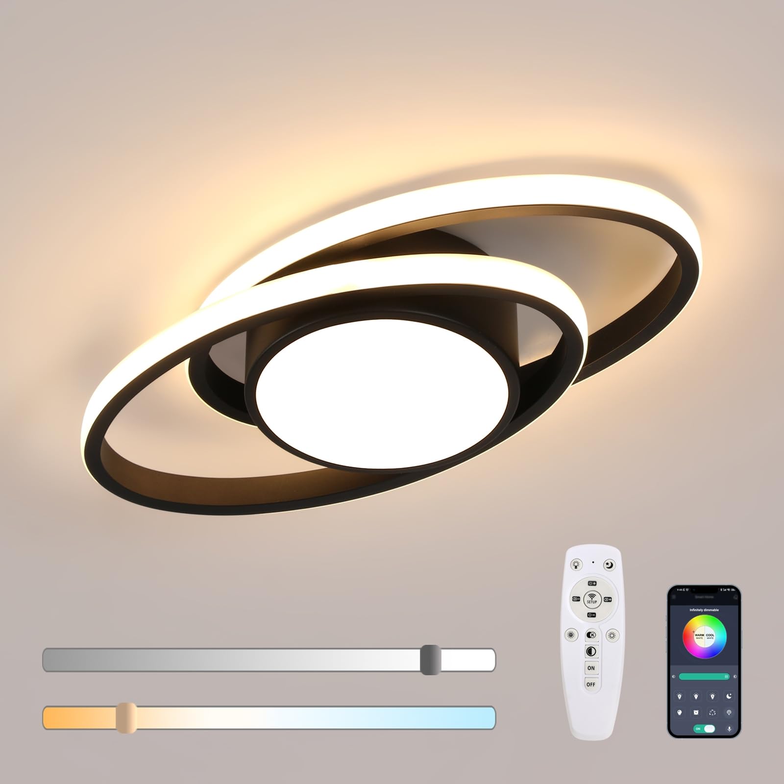 Plafoniere da Soffitto Dimmerabile, 39W 4387LM Plafoniera LED Soffitto Moderno, con Telecomando/APP 3000K-6500K, Nera Lampada da Soffitto LED per Soggiorno Camera da Letto Cucina, 38.5CM