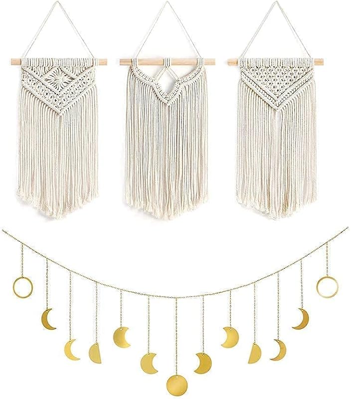 Moon Phase Wall Hanging and 3 Pack Macrame Wall Hanging Wall Decor Boho Home Decoration for Apartment Bedroom Living Room