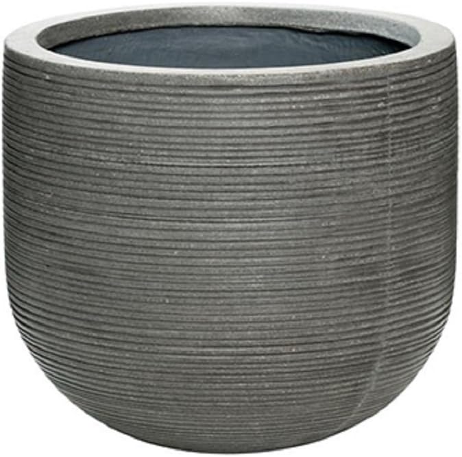 Elegant Round Horizontal Ridged Ficonstone Gray Decorative Flower Pot 10" H x 11" W - Indoor Outdoor Modern Planter by Potter Pots