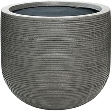 Round Horizontal Ridged Planter Ficonstone Gray Flower Pot 12" H x 14" W - Indoor Outdoor by Potter Pots