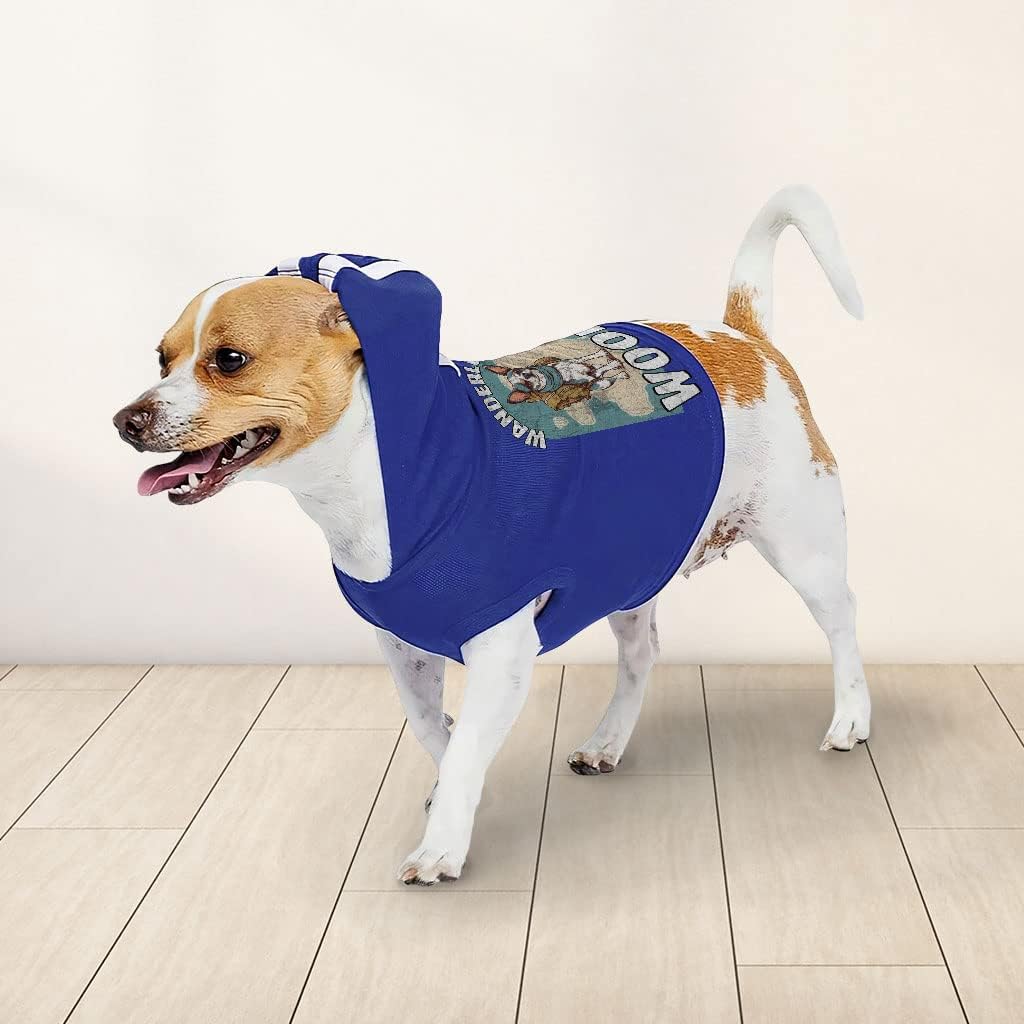 Woof Dog Shirt with Hoodie - Traveling Dog Hoodie - Colorful Dog Clothing - Royal White, XL
