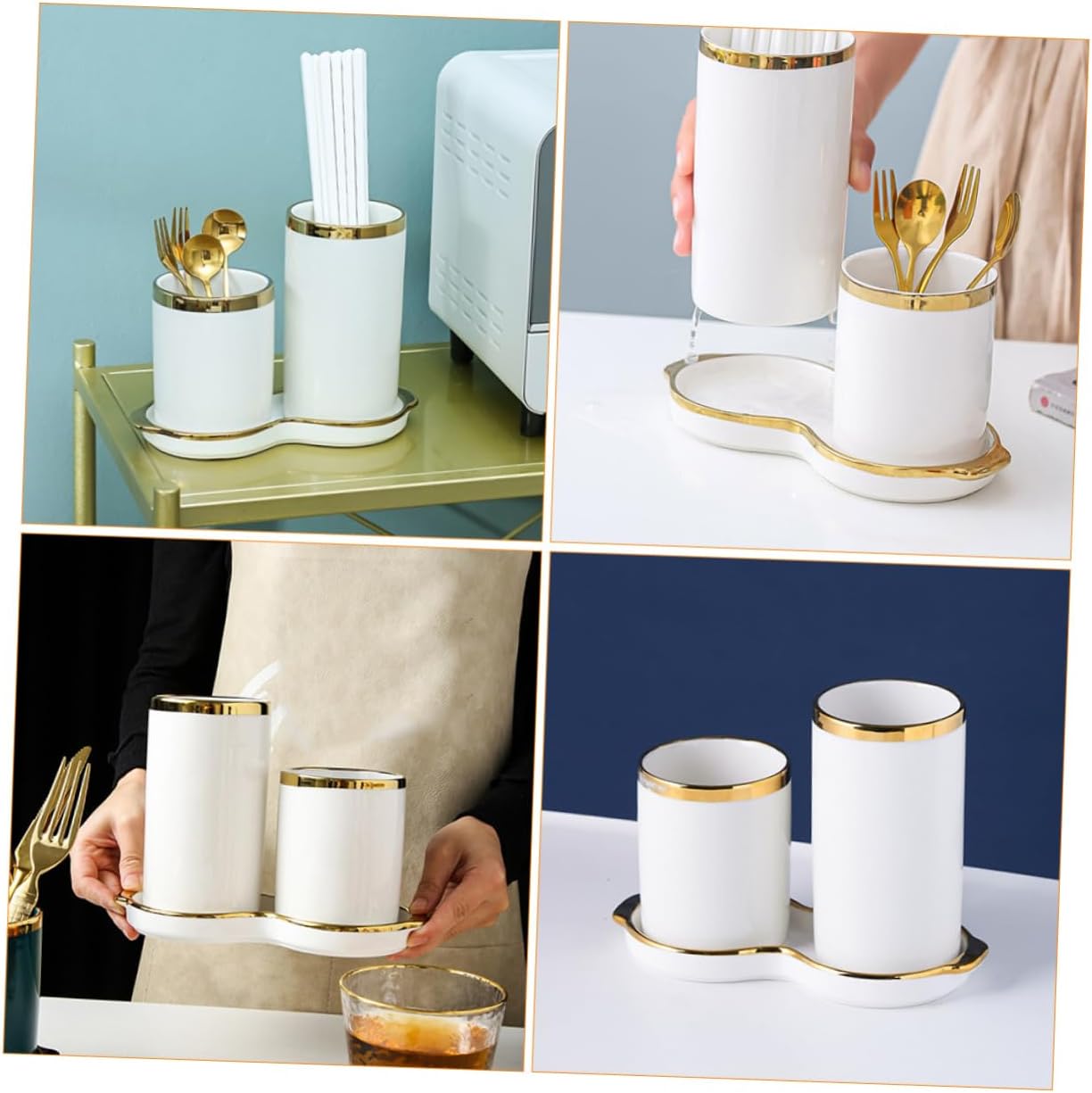 Ceramic Chopsticks Holder Draining Rack – White Scandinavian Style 2-Compartment Cutlery Organizer for Kitchen Utensils Storage