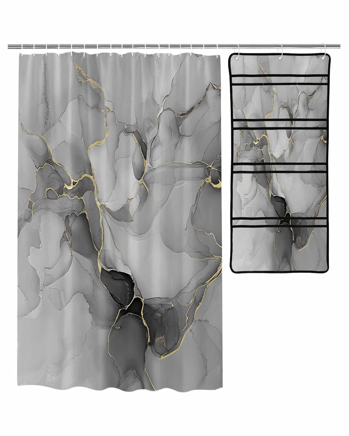 ZFUNCING Shower Curtain Mesh Shower Organizer Set Black Grey Gold Gradient Fluid Line Waterproof Bath Curtains Hanging Shower