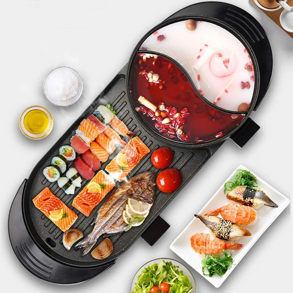 2 in 1 Electric Grill Hot pot 2400W BBQ Pan Grill and Hot Pot, Multifunctional Teppanyaki Grill/Shabu Shabu Pot with Divider, Dual Temperature Control Smokeless Hot Pot Grill for 6-8 People, 110V