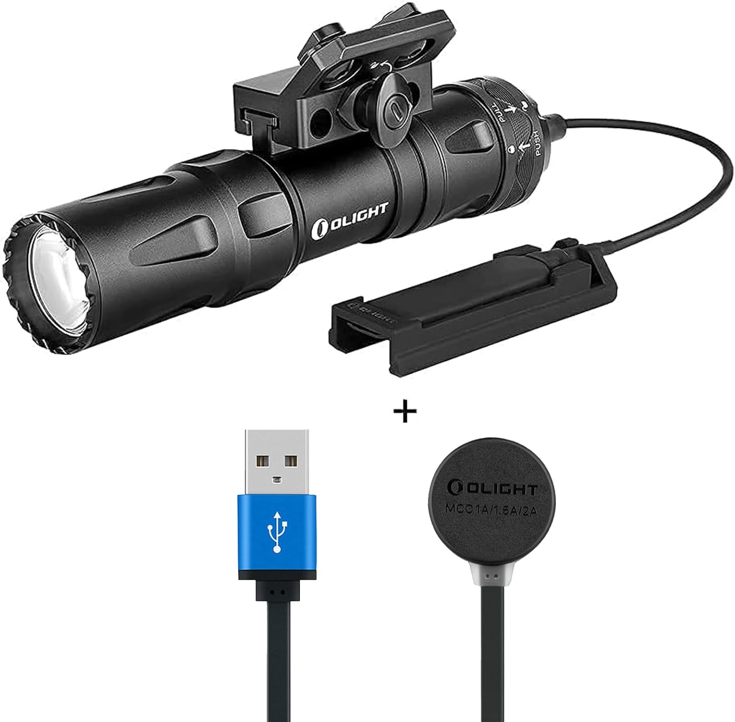 OLIGHT Odin Mini 1250 Lumens Ultra Compact Rechargeable Mlok Mount Tactical Flashlight Bundle MCC 3 Charger in Balck Upgraded Smart Magnetic Charging Cable