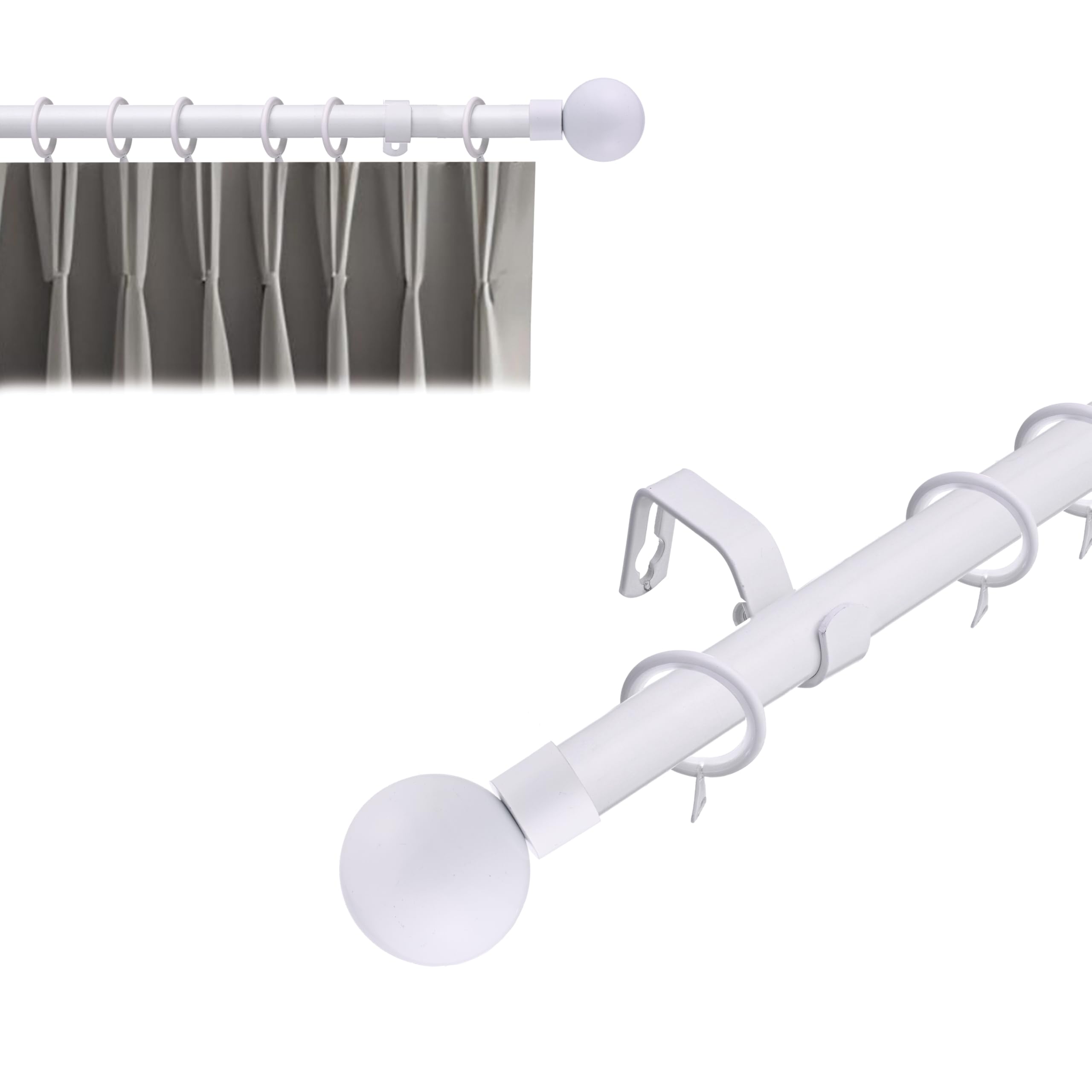 Lister Cartwright 19 mm Curtain Pole for Windows, Extendable 210–360 cm, White Metal Rod with Ball Finials, Adjustable Drapery Pole for Curtains, Living Room,Bedroom Non Slip
