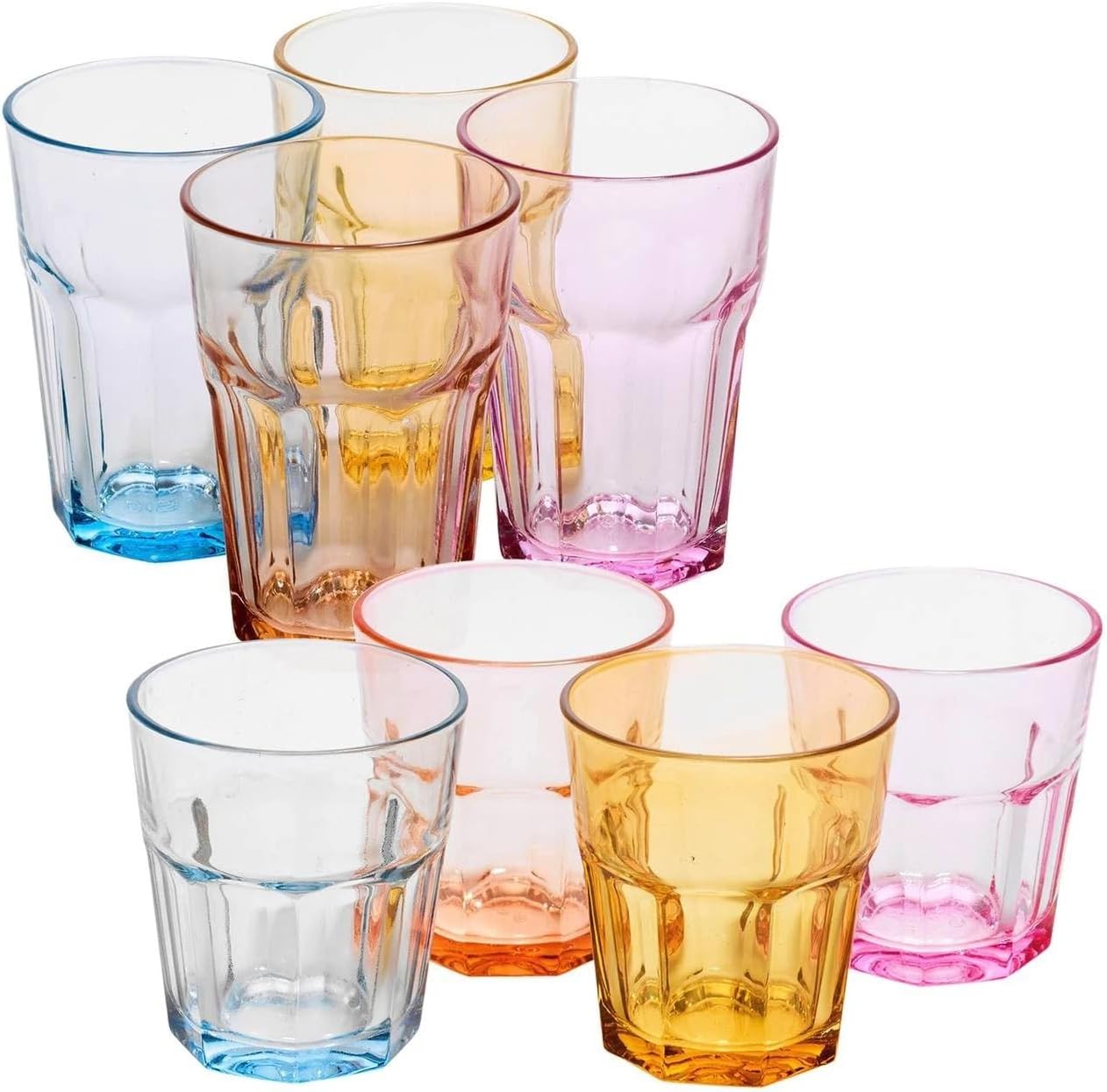 Tinted Geometric Drinking Glasses – Faceted Colored Tumblers for Tableware & Beverages (Set of 8.)