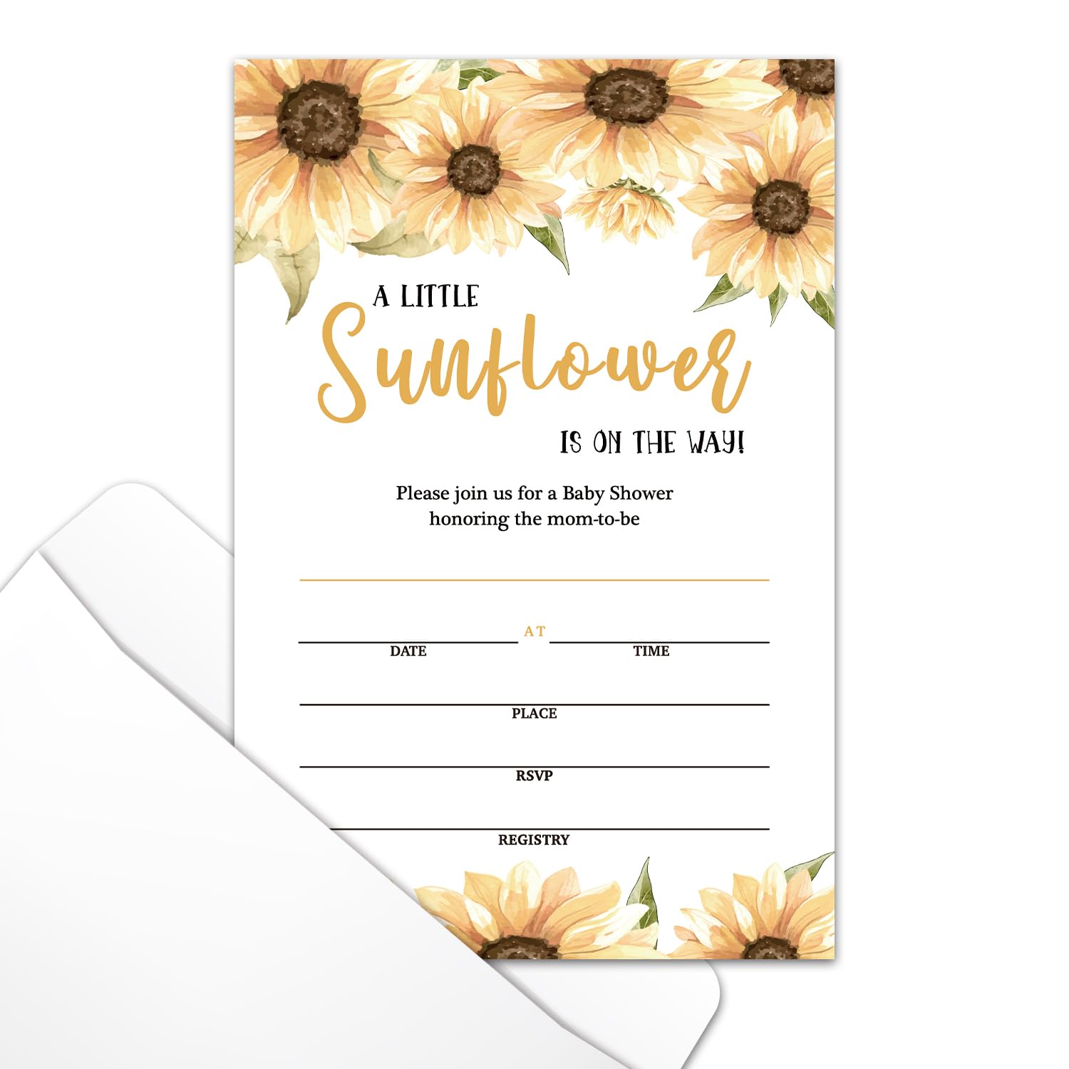 Sunflower Baby Shower Party Invitations with Envelopes Set of 25, Sunflower Theme Double-Sided Fill-In Invites for Gender Reveal Baby Announcement,