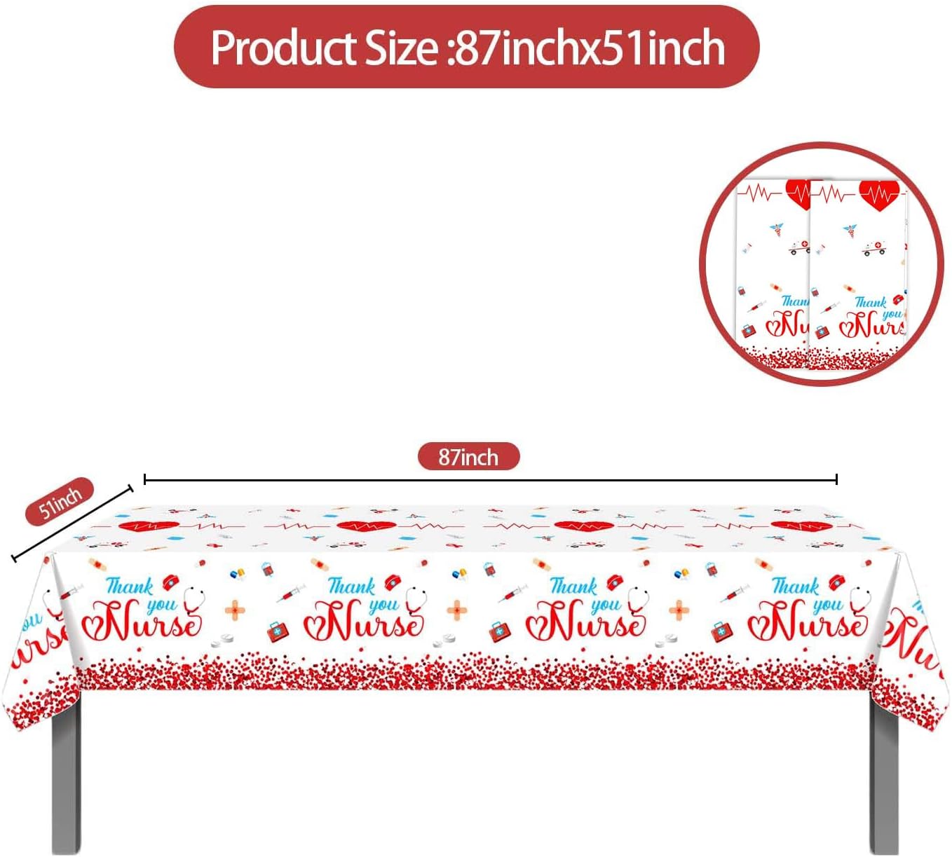 XCKALI 2 PCS Thank You Nurse Tablecloths Nurses Week Themed Plastic Tablecloths Nurses Graduate Party Decoration Supplies (51 x 87 Inch)