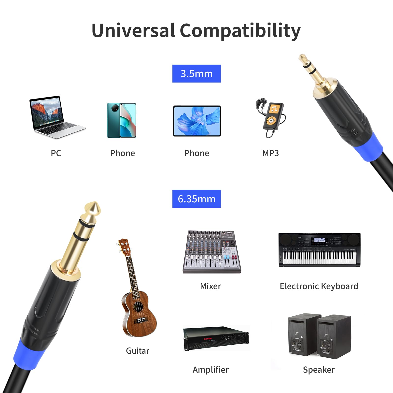 Cable de audio estéreo de 6,35 mm macho a macho de 3,5 mm, 6,6 pies, 2 unidades, negro, cable de audio estéreo para guitarra, iPod, portátil, altavoz, amplificador, negro, cable de conector