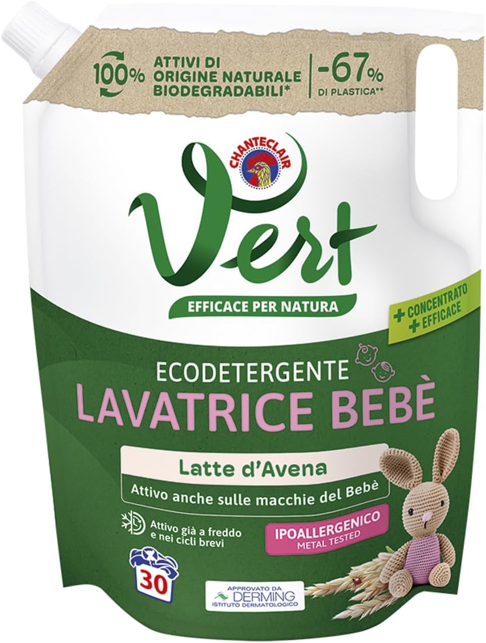 CHANTECLAIR VERT Ammorbidente concentrato + detersivo – Pacchetto test Bebè – per vestiti bambini – 8 x 1200 ml sacchetto + portachiavi Beni Culinari