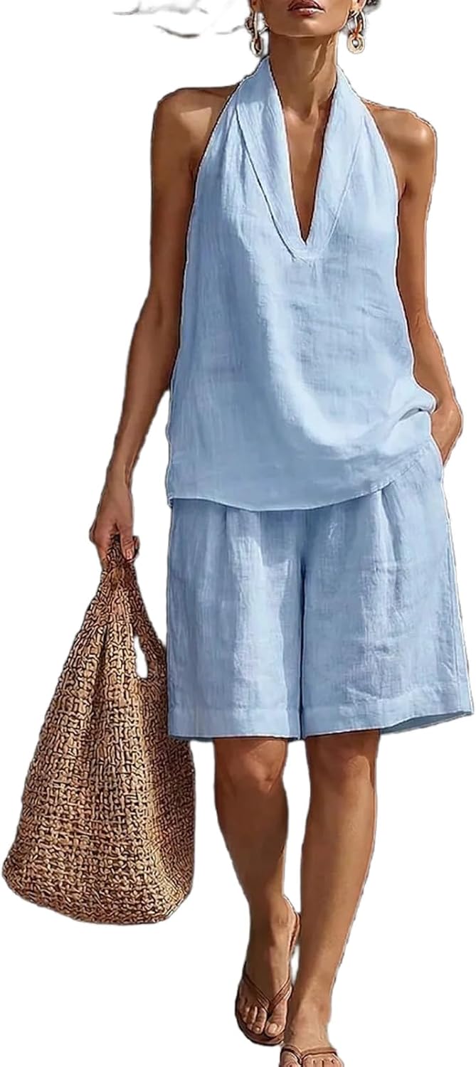 REASERAL Womens Linen 2 Piece Sets V Neck Top and Shorts Sets Loose Fit Casual Outfits Summer Clothing Going Out