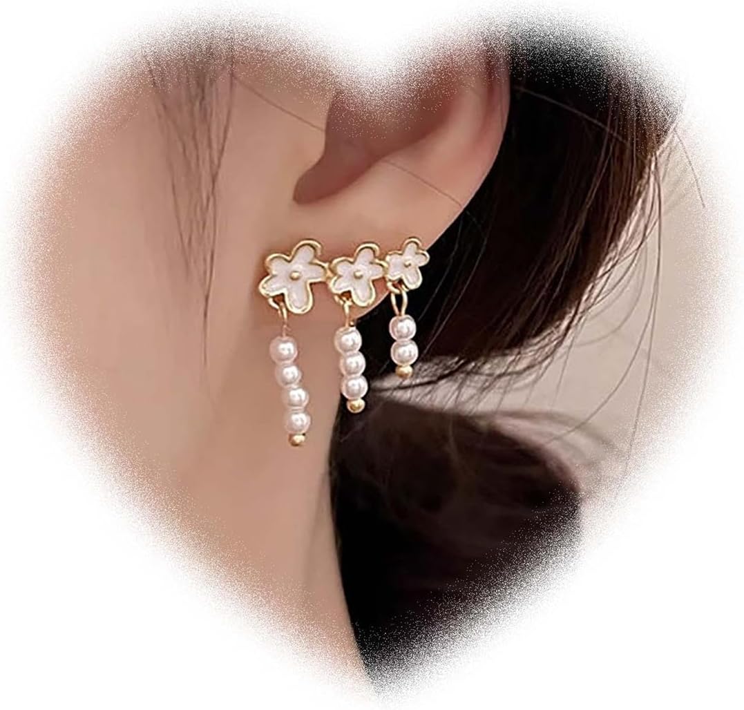 W WEILIRIAN Boho Pearl Dangle Earrings Black Flower Climber Earrings Vintage Pearl Drop Earrings Pearl Bead Earrings Jewelry for Women